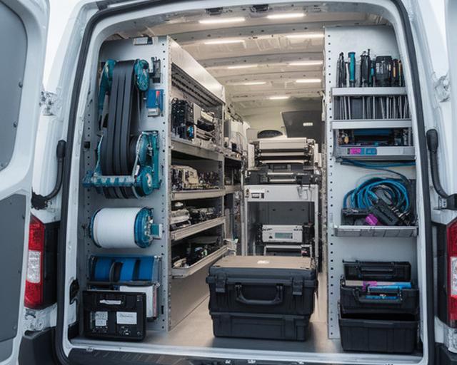 Organised ATM service van carrying dispenser belts, card reader parts and printer components