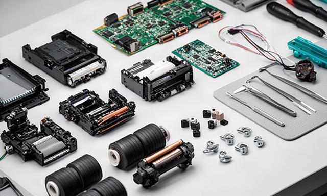 Sorted ATM rollers, printer parts, circuit boards, and connectors arranged for inspection on a repair bench